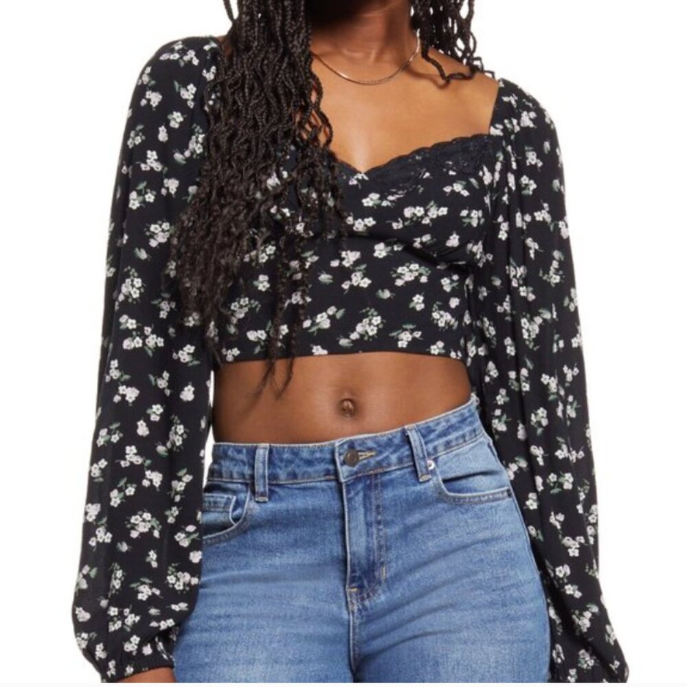 NWOT BP Lace Trim Dark Floral Long Sleeve Crop Top Blouse Size XS